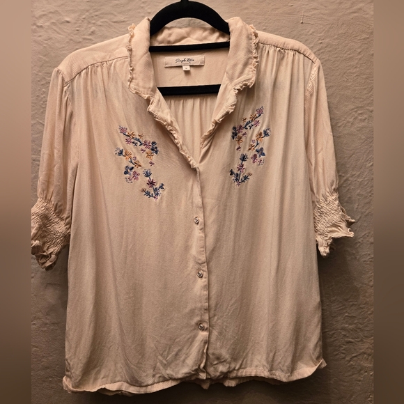 Simple Retro Tops - Embroidered Boho Blouse | Ruffle Collar Floral Viscose Top | Cottagecore
